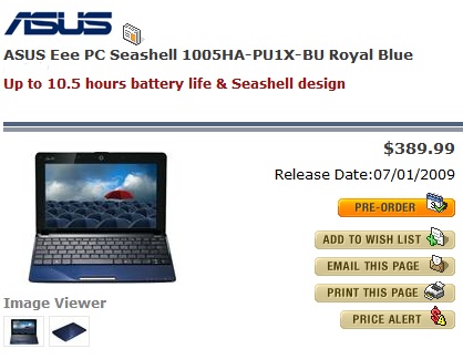 Asus Eee PC Seashell 1005HA Pre-order for $389.99