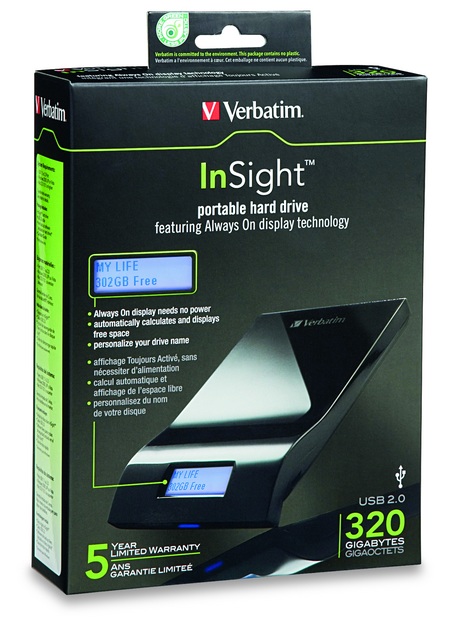 Verbatim InSight 500GB USB Hard Drive with Always On LCD package