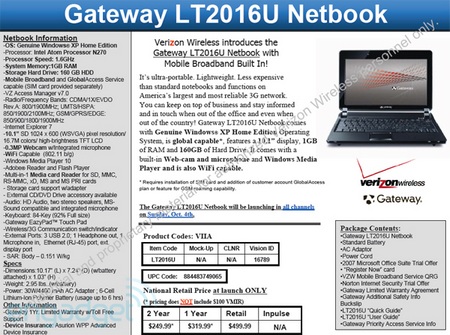 Gateway LT2016u Netbook for Verizon