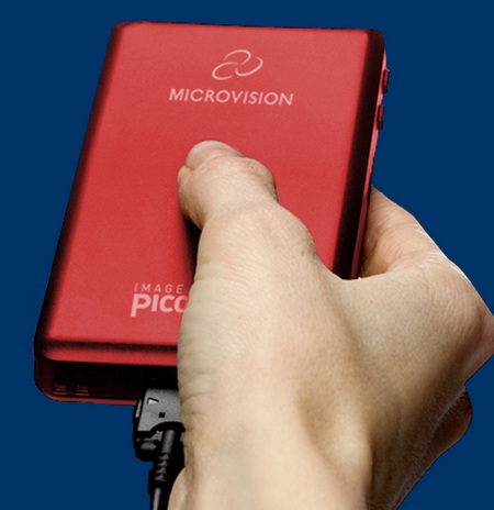 Microvision SHOWWX Laser Pico Projector on hand