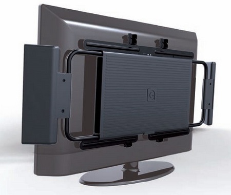 Q-TV2 2.1 Speaker System attached to the rear of your TV