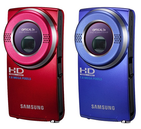 Samsung HMX-U20 and HMX-U15 Pocket Full HD Camcorders red blue