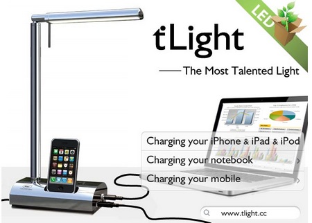 M&C tLight Desk Lamp docks iPod iPod, charges notebook and cellphone