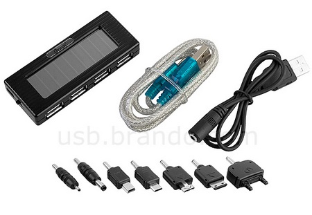 Solar Charging 4-port USB Hub with built-in battery and flashlight package