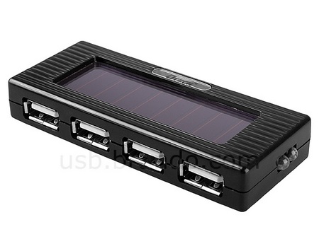 Solar Charging 4-port USB Hub with built-in battery and flashlight