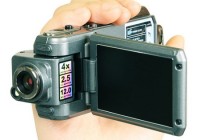 Thanko HDDV-506 HD Camcorder with Swivel Lens and Swivel Screen on hand