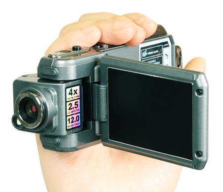 Thanko HDDV-506 HD Camcorder with Swivel Lens and Swivel Screen on hand