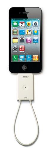 Buffalo DH-ONE-IP 1Seg TV Tuner for iPhone, iPad and iPod touch attached