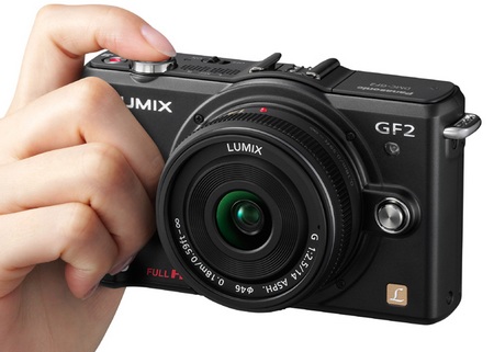 Panasonic LUMIX DMC-GF2 DSLMicro Mirrorless Camera on hand