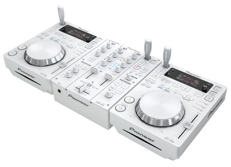 Pioneer CDJ-350-W digital media players and a DJM-350-W 2-channel mixer come in White