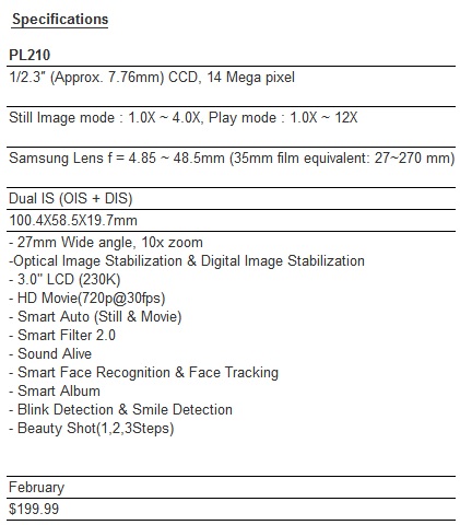 Samsung PL210 specs