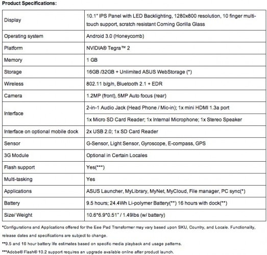 Asus Eee Pad Transformer Android 3.0 tablet specs
