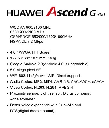 Huawei Ascend G300 Mid-range Android Phone specs