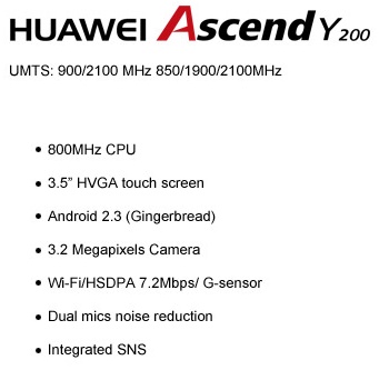 Huawei Ascend Y200 Entry-level Android Phone Specs