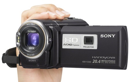 Sony Handycam HDR-PJ580V Full HD Projector Camcorder on hand