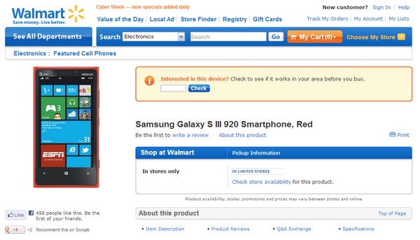 Walmart lists Nokia Lumia 920 as Samsung Galaxy S III 920