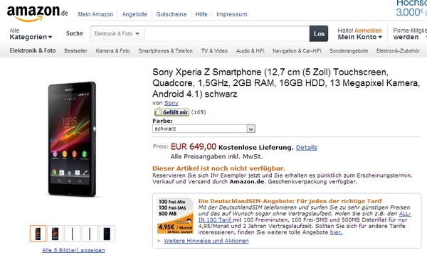 Sony Xperia Z Amazon Germany